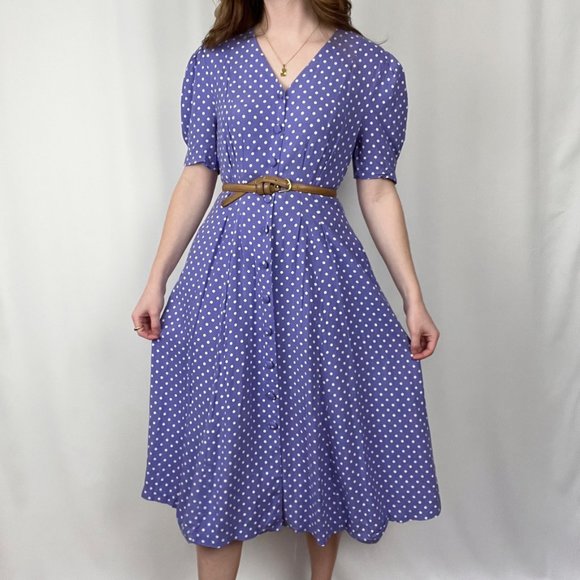 Vintage Cottagecore Puff Sleeve Button Up Pleated Midi Short Sleeve Summer Dress - Picture 9 of 9